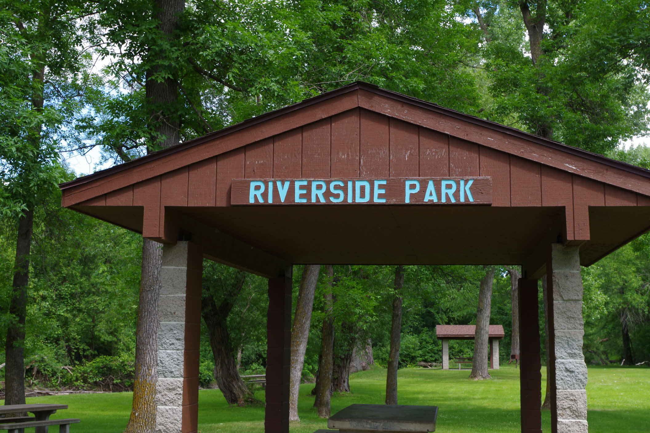 Sign above picnic shelter at Riverside Park, Clearwater MN