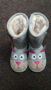Girl's boots with kitty cat ears, eyes, whiskers on the feet part