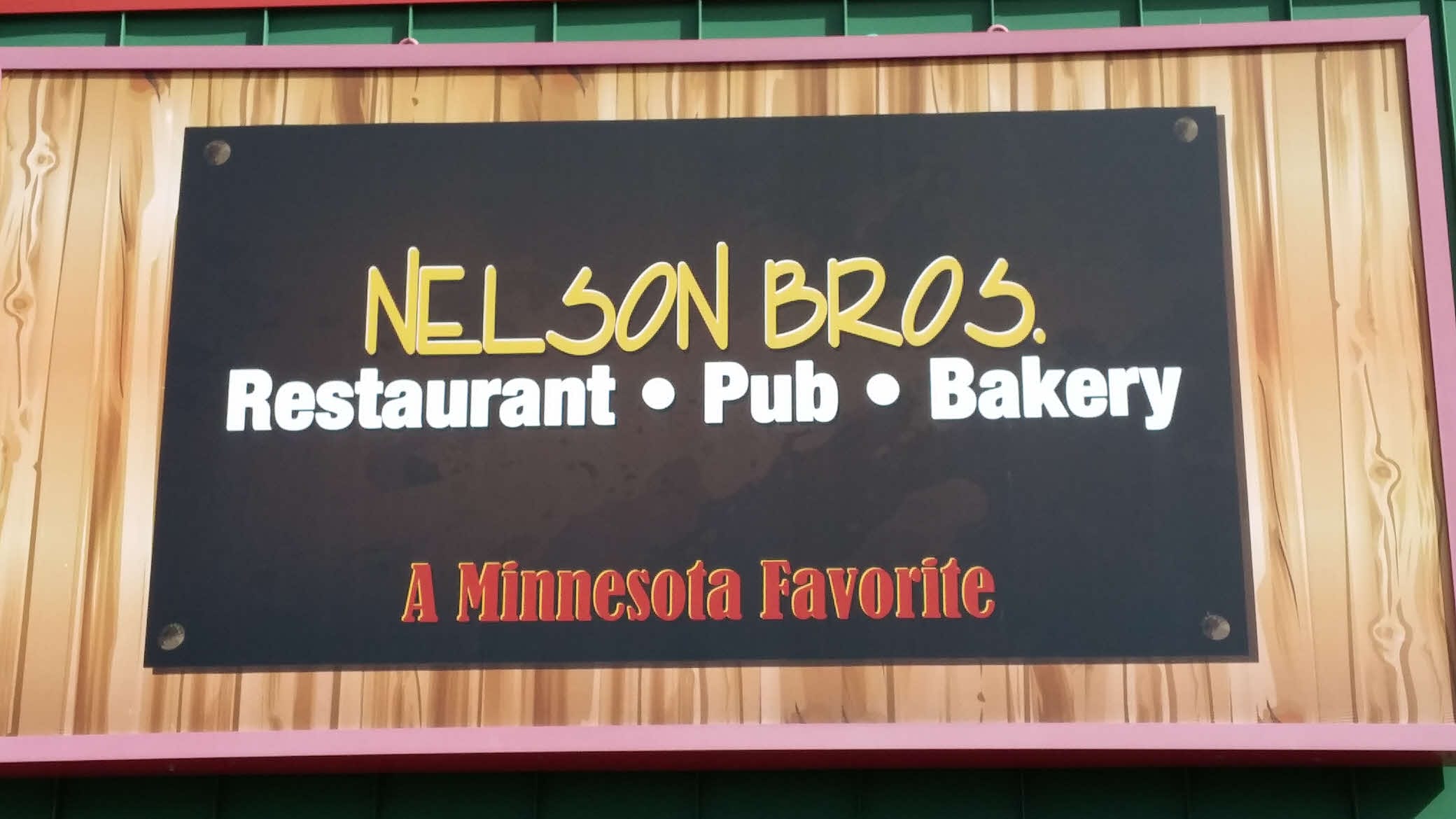 Sign for Nelson Bros Restaurant and Bakery in Clearwater MN