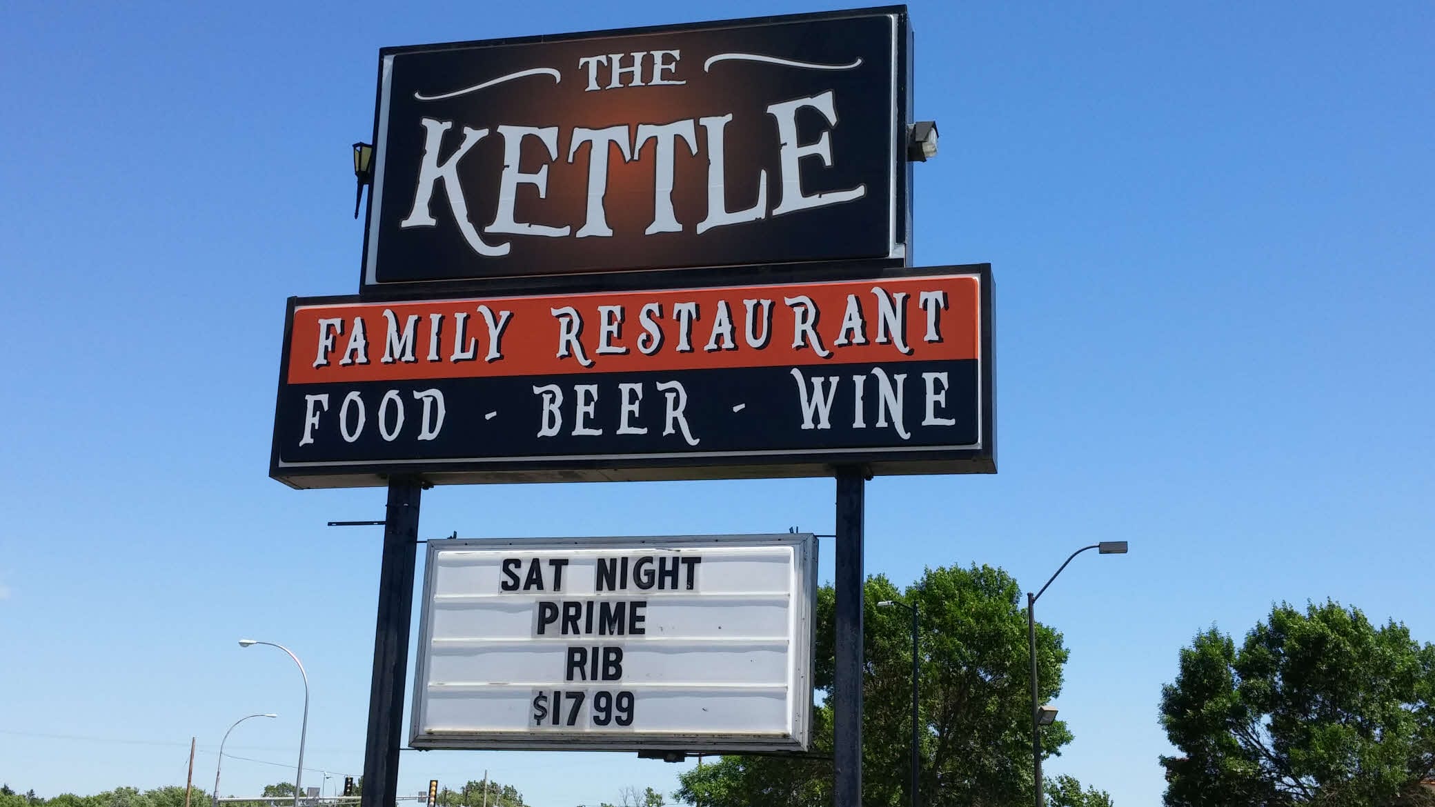 Large sign for The Kettle Family Restaurant in Clearwater Minnesota