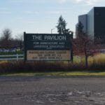 The Pavilion entry sign by road at MSU Livestock Pavilion, Lansing MI