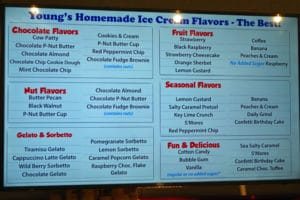 Ice cream flavors menu at Young's Jersey Dairy, Yellow Springs OH