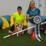 MACH7 ribbon and bar for Jo Powers and her Corgi "Bug." With Judge Jacqui O'Neill
