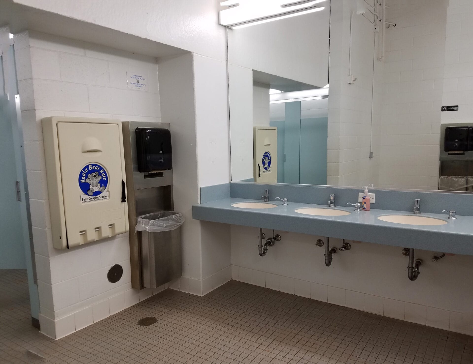 3 bathroom sinks, towel dispenser and baby changer at Turner Agri-Civic Center, Arcadia FL