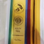 Flat ribbon awards at McKenzie Cascade Dog Fanciers' agility trial, Lane County Fairtrounds livestock arena, Eugene OR