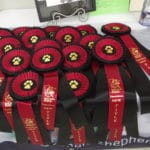 German Shepherd Dog Club of Minneapolis & St. Paul AKC Black and Red New Title Rosette Ribbons with gold paw print in center, Fusion Pet Retreat, Minnetonka MN