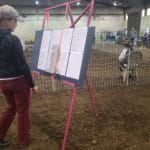 woman viewing check-in sheets at Lane County Fairgrounds, Eugene OR