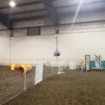Agility ring with entry gate and large electronic timer at Lane County Fairgrounds, Eugene OR