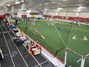 overhead view of agility ring 1 with turf and part of outside track around the ring