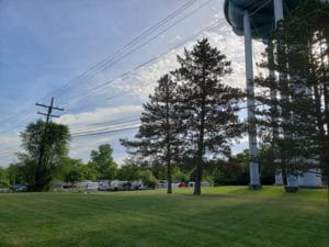 Photo of water tower, trees, and powerlines